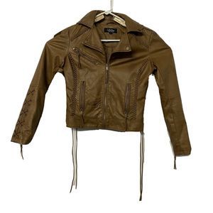 Coffee Shop Women Faux Leather Jacket Brown Zippered Size S